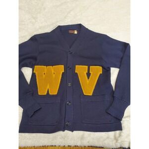 Vintage Wilson Navy Blue Knit W V Applique Button Cardigan 44 Small Retro WVU